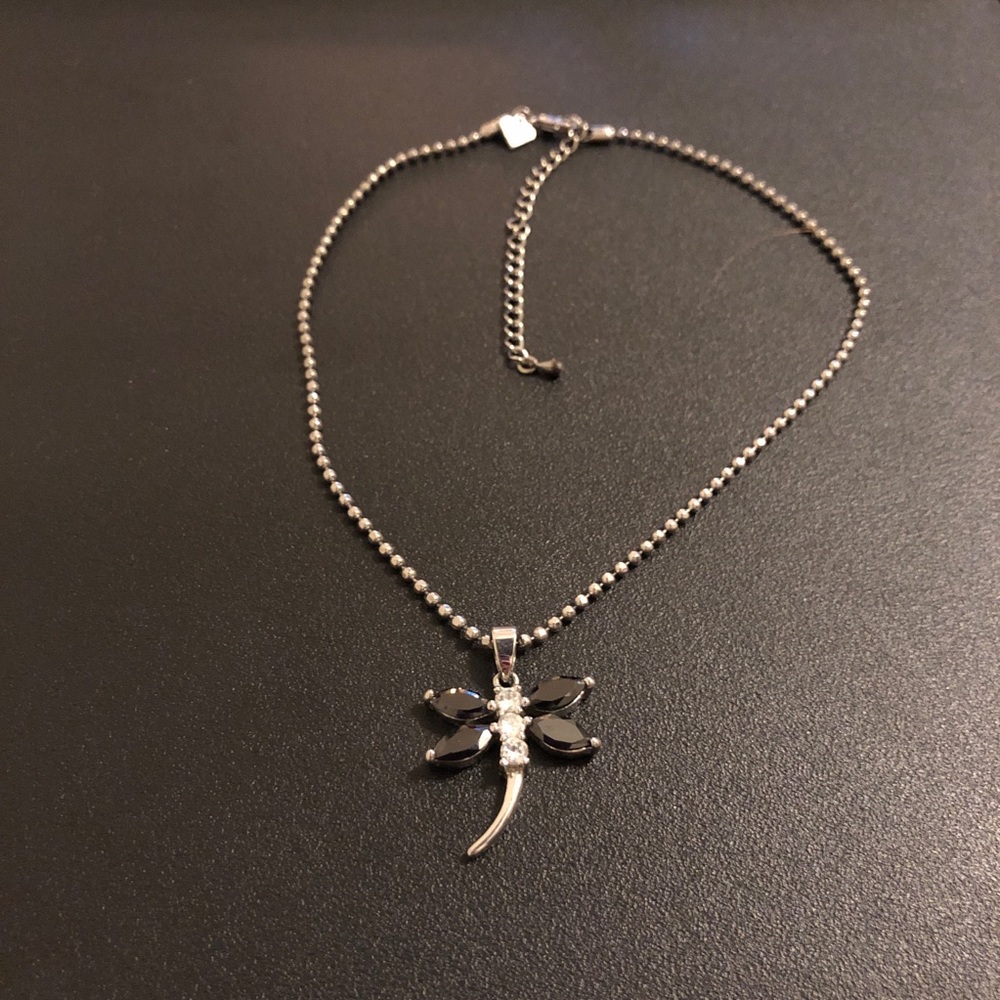 Black and Silver Tone Dragonfly Pendant Necklace